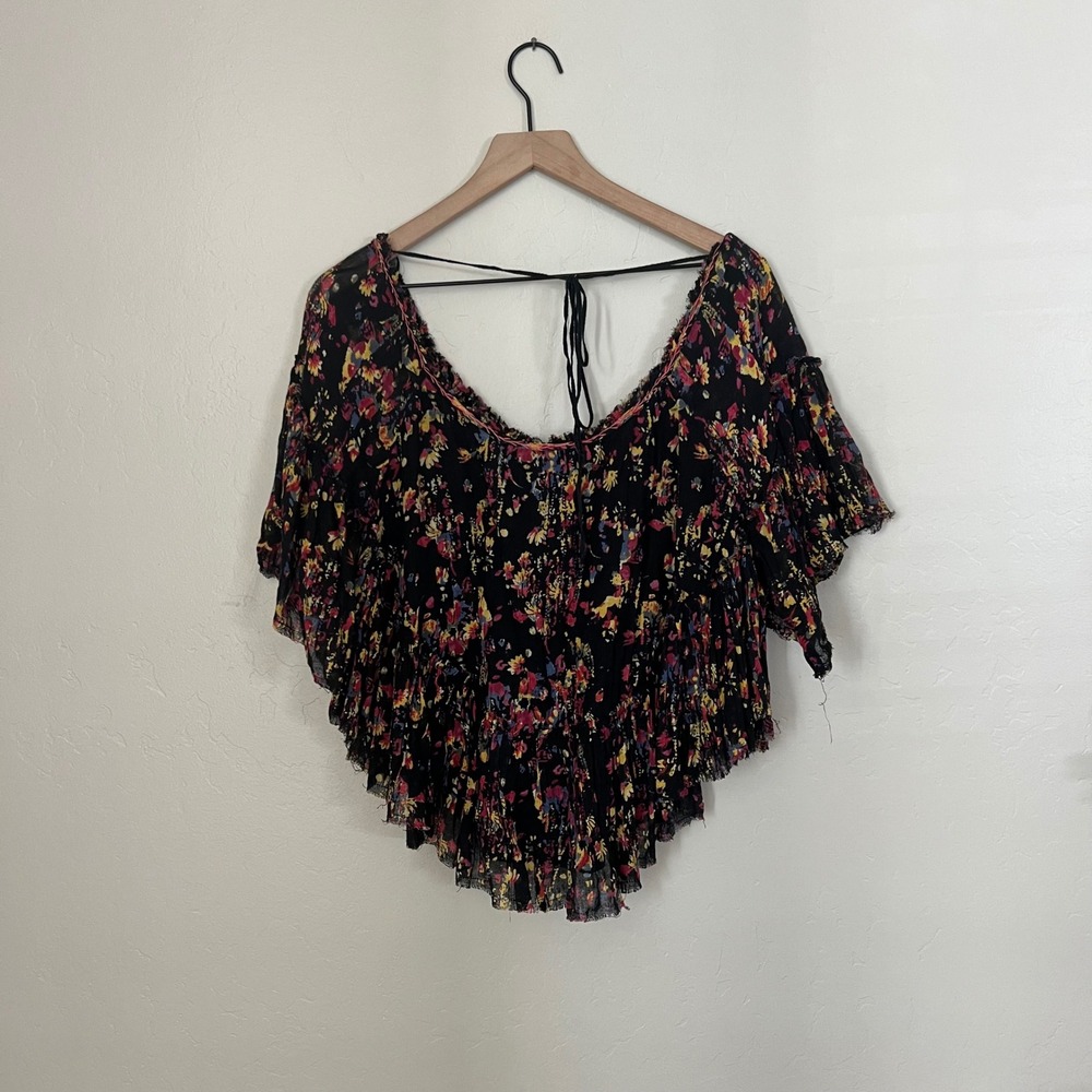 Free People Black‎ Floral Print Off The Shoulder Ruffle Crop Top XS